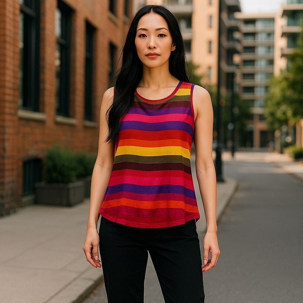 Moon River Women Medium Multi-Color Stripe Sleeveless Lace Back Tank Top Shirt M
